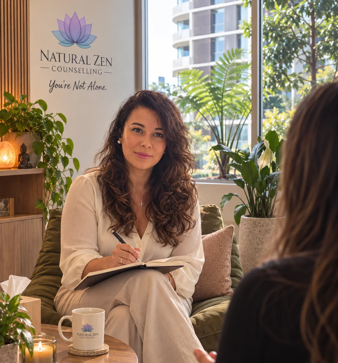 Jen Rodriguez Ruiz in a session at the Natural Zen consulting room in Newstead, Brisbane, sitting with a notebook opposite a client